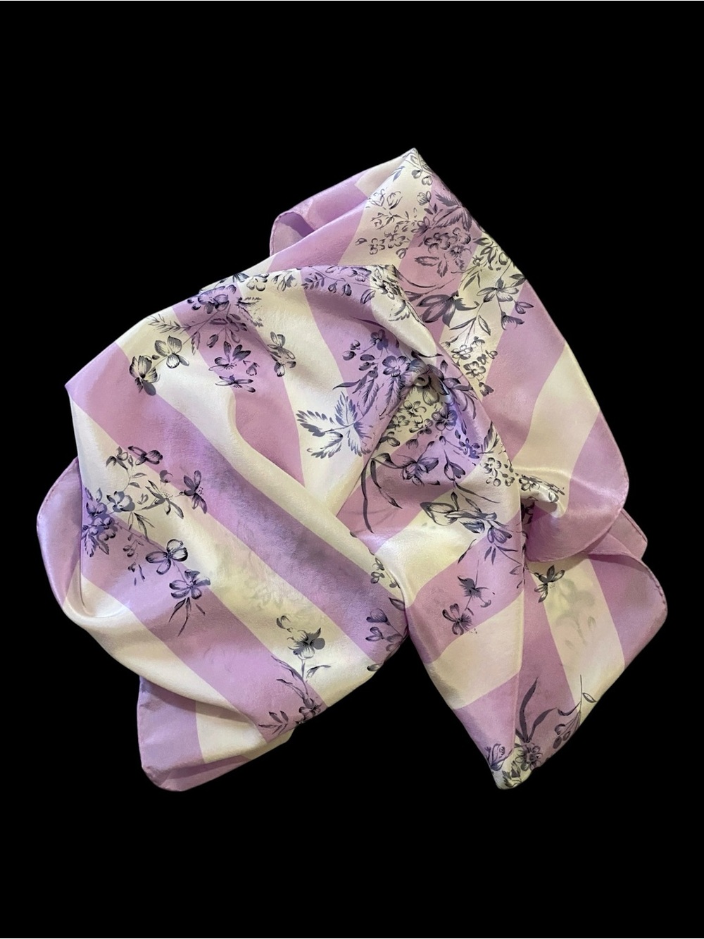 Vintage Honey 100% Silk Scarf Purple Ivory Floral Striped Square Retro Coquette